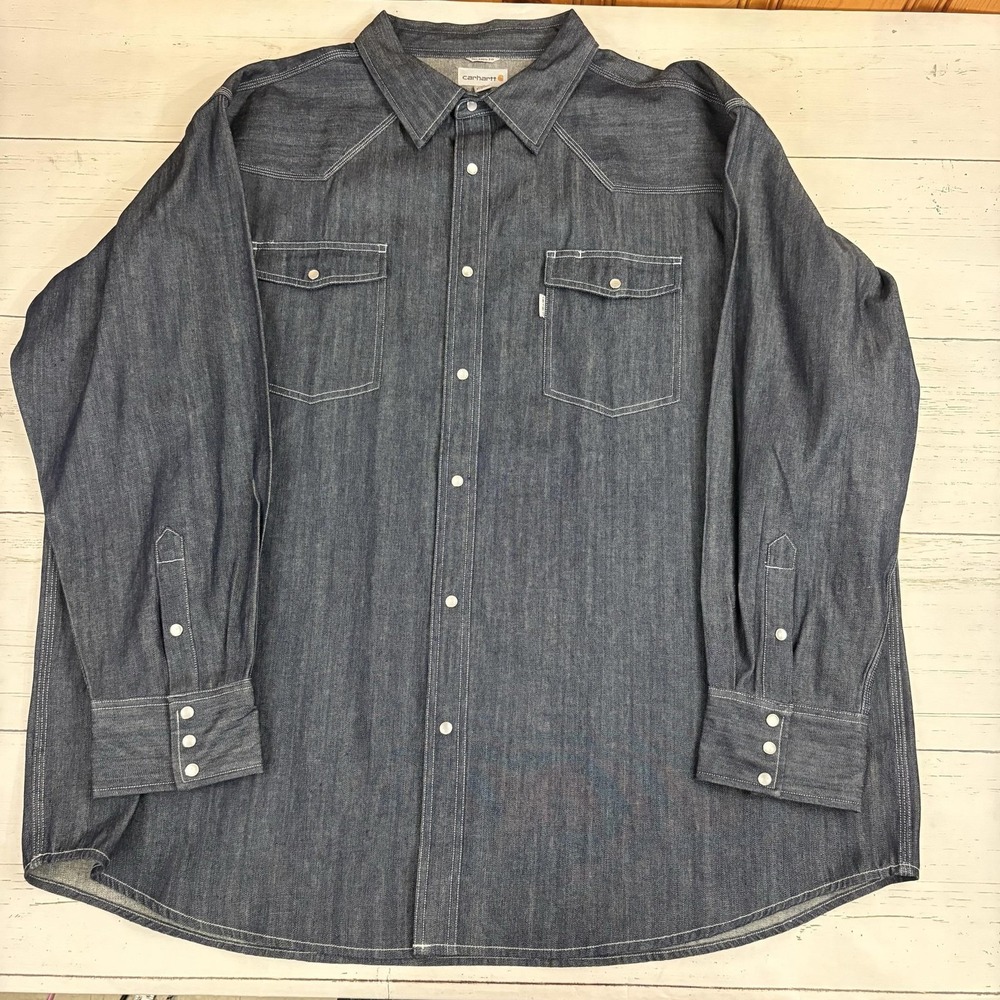 Carhartt Denim Western Work Shirt Mens 4XL Blue Cotton Snap Front Long Sleeve